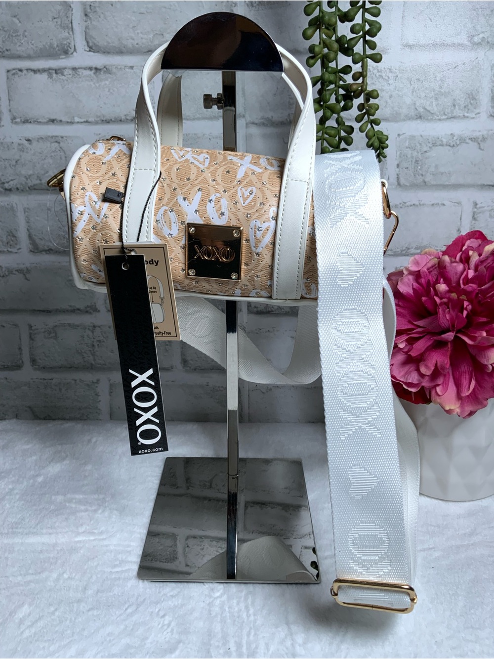 XOXO Beige & White Barrel Crossbody with Logo Strap